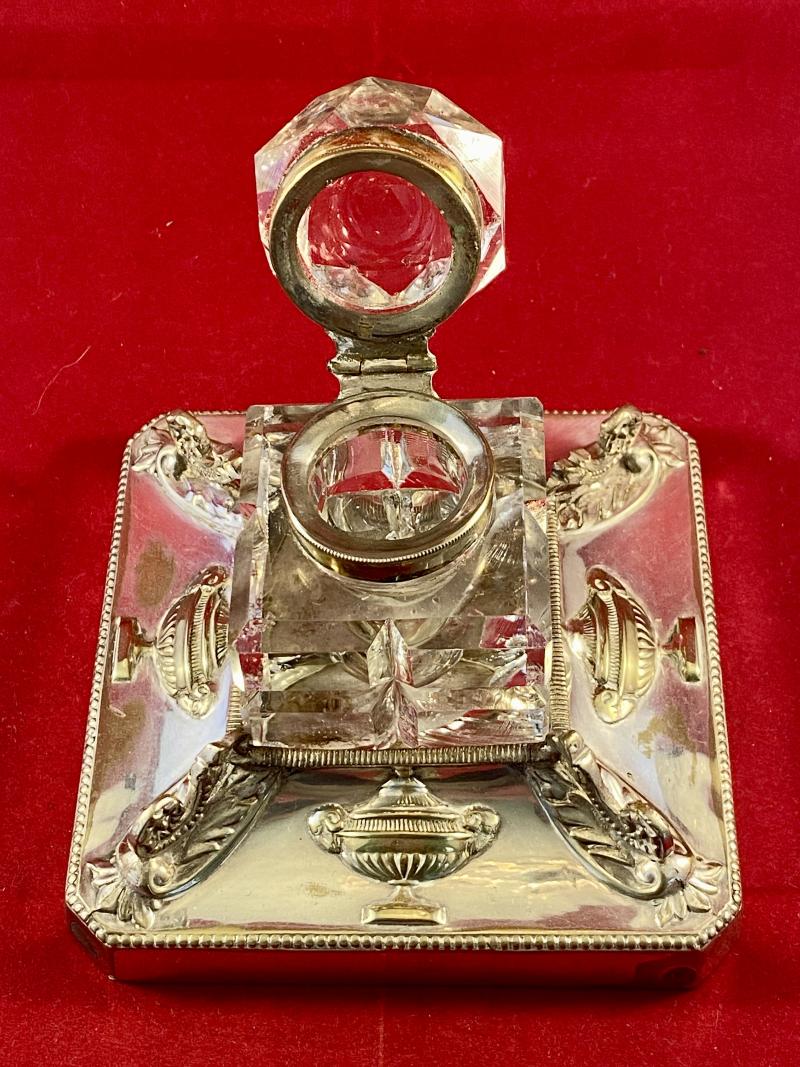 Antique Square Cut-Glass Inkwell set in an Ornate Silver-Plated Stand by Walker & Hall Sheffield 1891