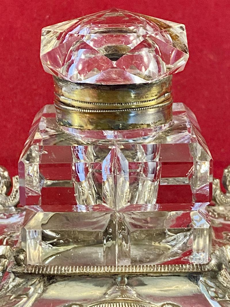 Antique Square Cut-Glass Inkwell set in an Ornate Silver-Plated Stand by Walker & Hall Sheffield 1891