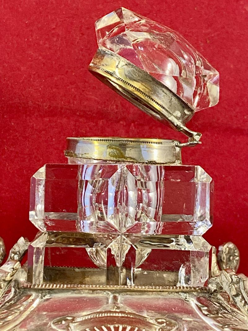 Antique Square Cut-Glass Inkwell set in an Ornate Silver-Plated Stand by Walker & Hall Sheffield 1891