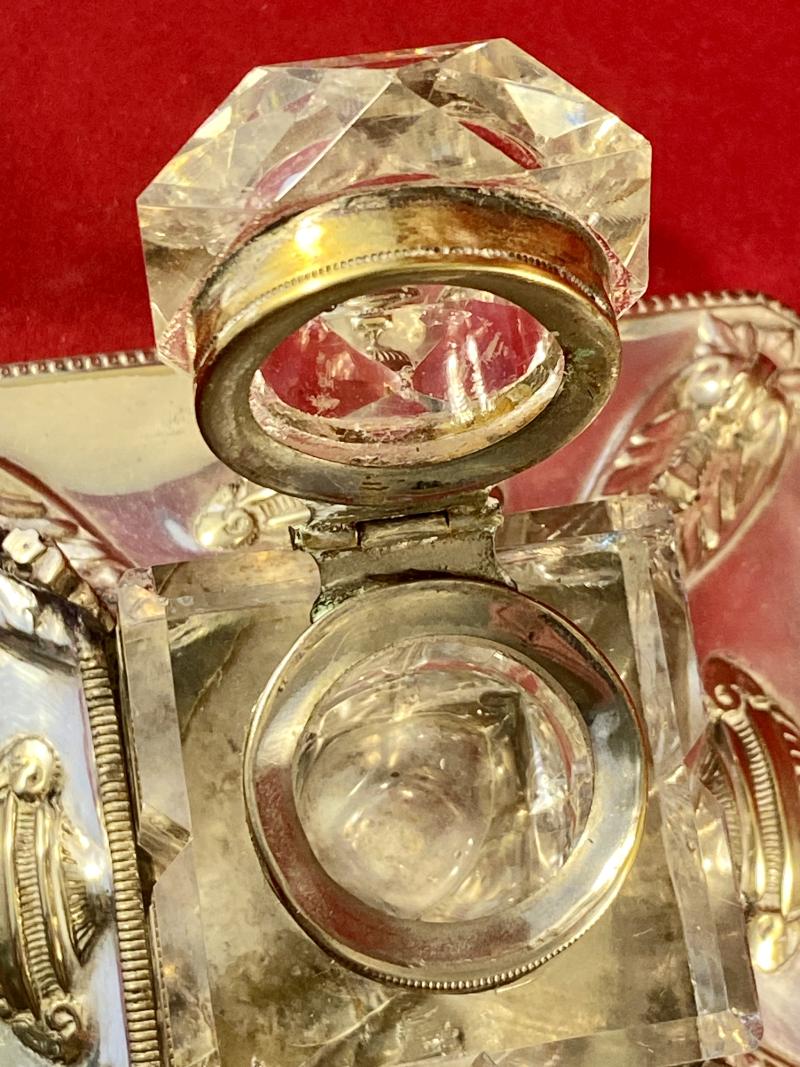 Antique Square Cut-Glass Inkwell set in an Ornate Silver-Plated Stand by Walker & Hall Sheffield 1891