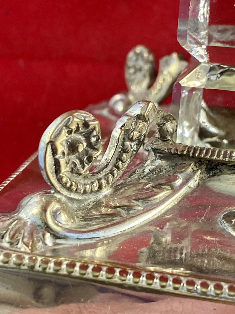 Antique Square Cut-Glass Inkwell set in an Ornate Silver-Plated Stand by Walker & Hall Sheffield 1891