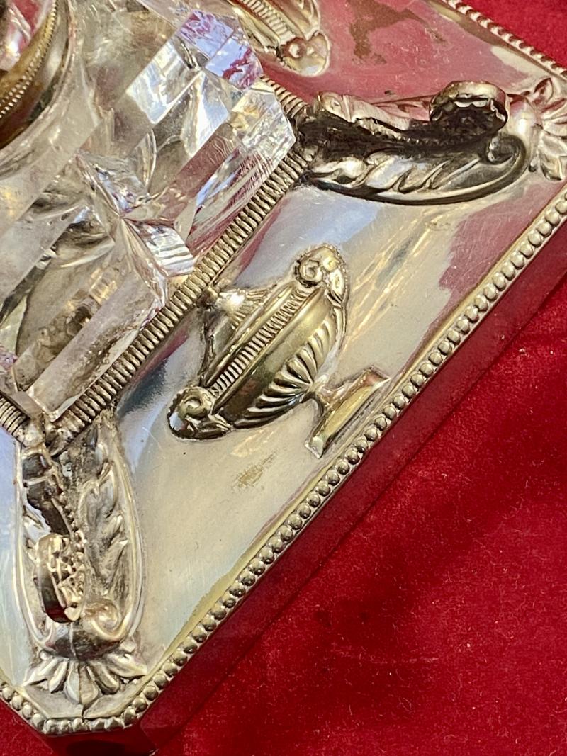 Antique Square Cut-Glass Inkwell set in an Ornate Silver-Plated Stand by Walker & Hall Sheffield 1891