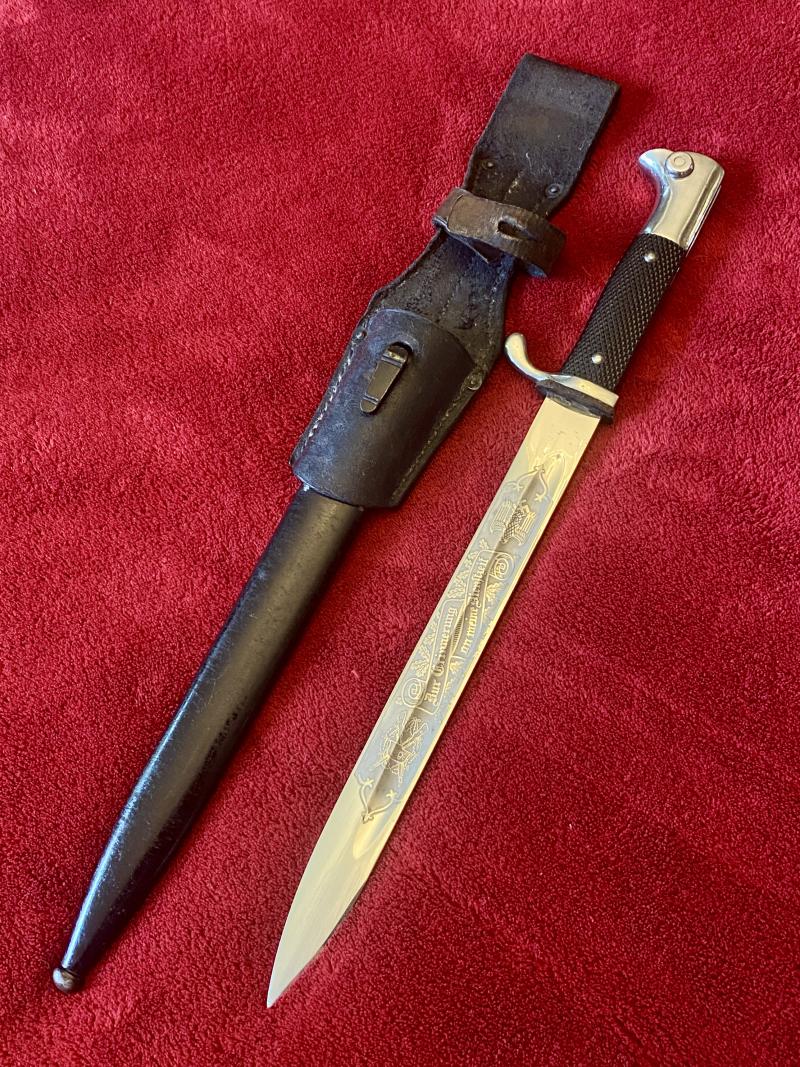 Near Mint Original WW2 German K98 Dress Bayonet with Etched Blade by Eickhorn with Scabbard and Leather Frog