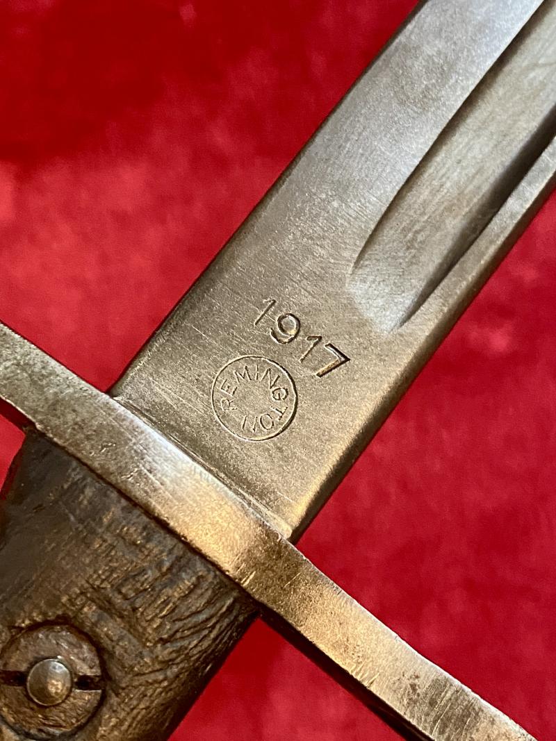 WW1 US Remington M1917 Bayonet dated 1917 with Maxim Green Leather Scabbard by Jewell 1918