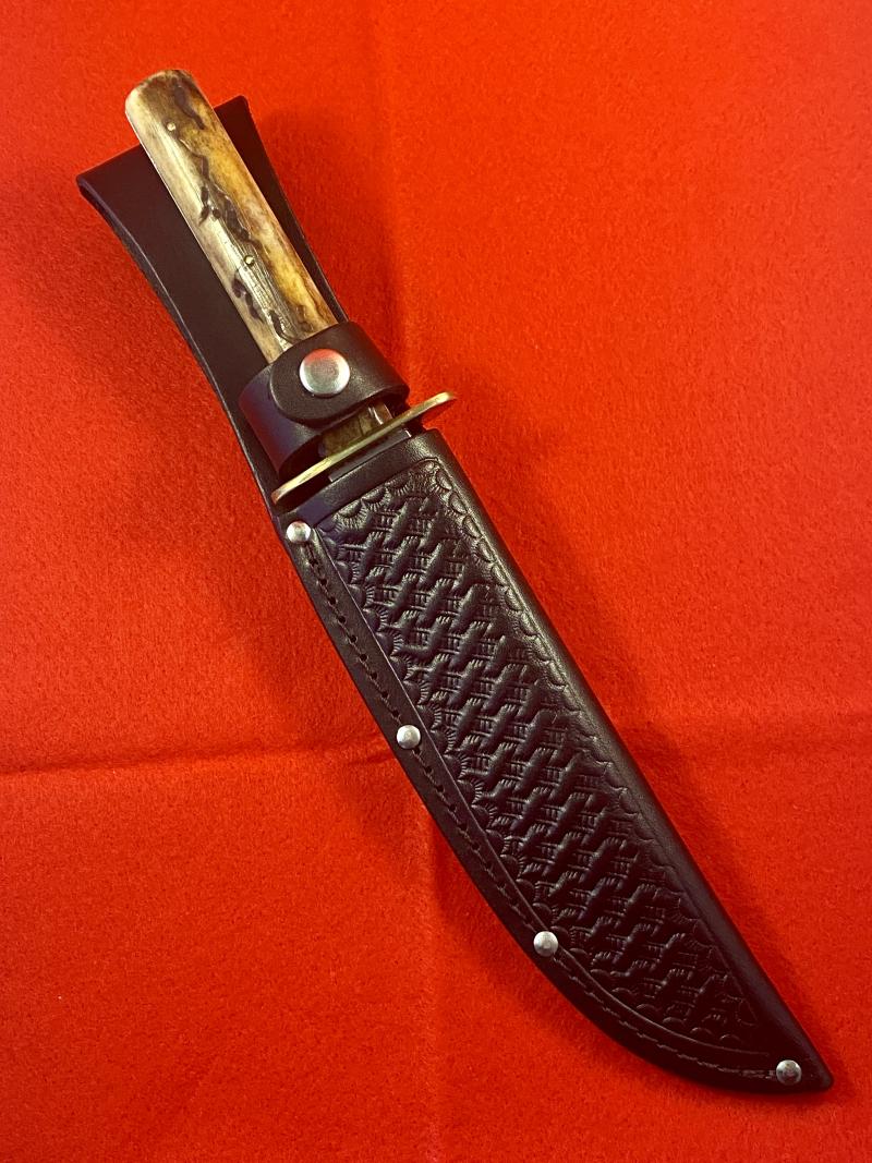 Antique Stag Handled Clip Point Bowie Knife with new Custom made Black Leather Sheath
