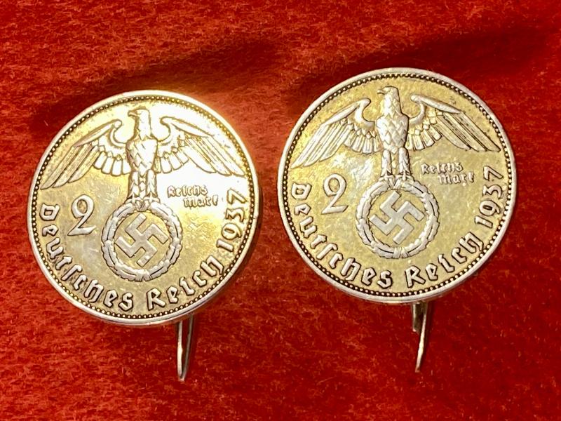 Original Pair of WW2 German 2 Mark Nazi Silver Coin Cufflinks (with Gilt Finish) Depicting Hindenburg and The National Eagle