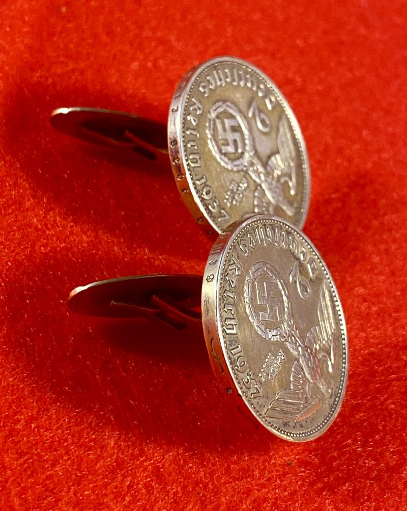 Original Pair of WW2 German 2 Mark Nazi Silver Coin Cufflinks (with Gilt Finish) Depicting Hindenburg and The National Eagle