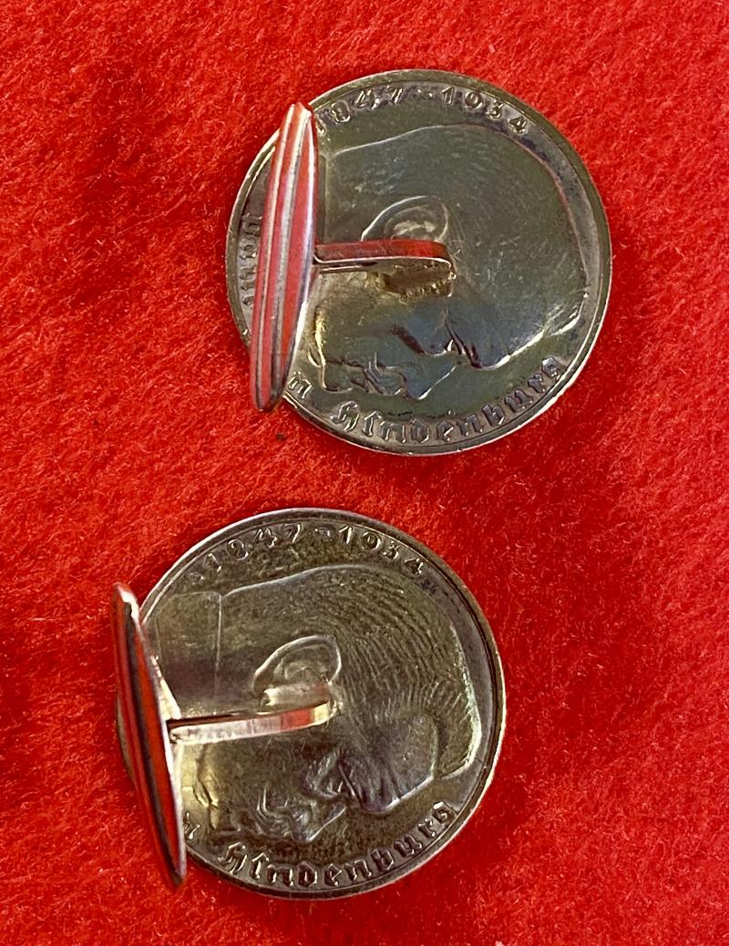 Original Pair of WW2 German 2 Mark Nazi Silver Coin Cufflinks (with Gilt Finish) Depicting Hindenburg and The National Eagle