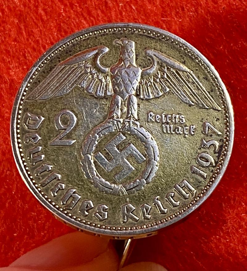 Original Pair of WW2 German 2 Mark Nazi Silver Coin Cufflinks (with Gilt Finish) Depicting Hindenburg and The National Eagle