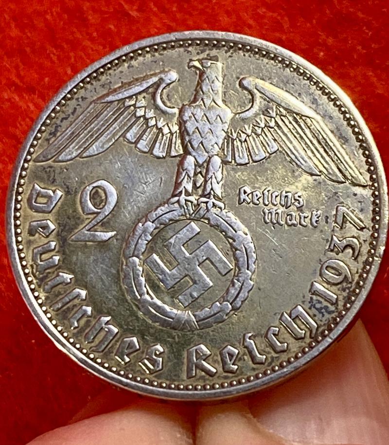 Original Pair of WW2 German 2 Mark Nazi Silver Coin Cufflinks (with Gilt Finish) Depicting Hindenburg and The National Eagle