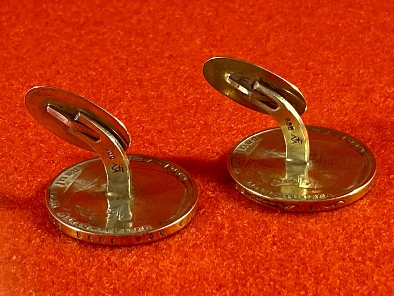 Original Pair of WW2 German 2 Mark Nazi Silver Coin Cufflinks (with Gilt Finish) Depicting Hindenburg and The National Eagle