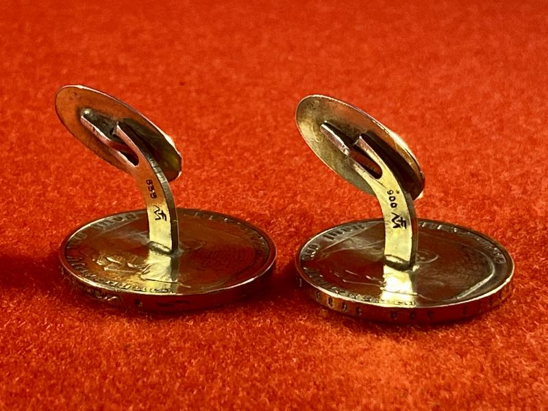 Original Pair of WW2 German 2 Mark Nazi Silver Coin Cufflinks (with Gilt Finish) Depicting Hindenburg and The National Eagle