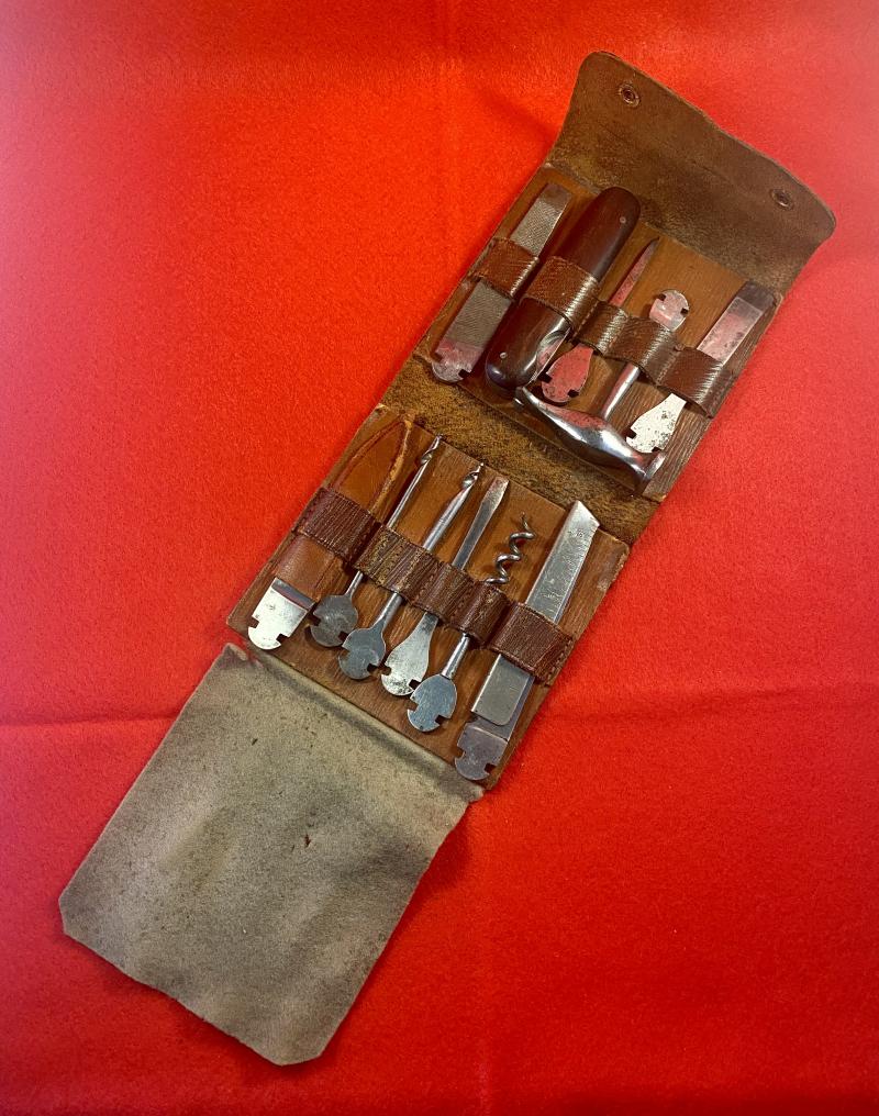 Unusual Vintage Multi-Tool Set in Leather Wrap Case marked MILBRO c1950
