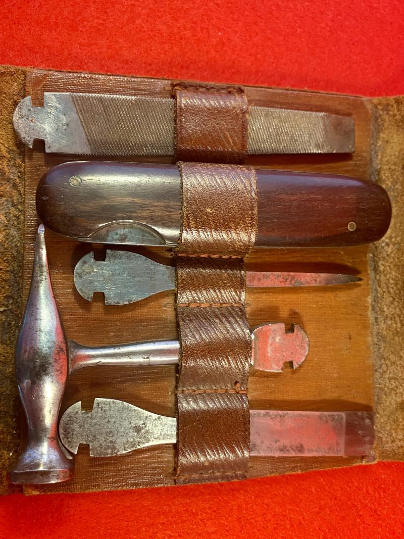 Unusual Vintage Multi-Tool Set in Leather Wrap Case marked MILBRO c1950