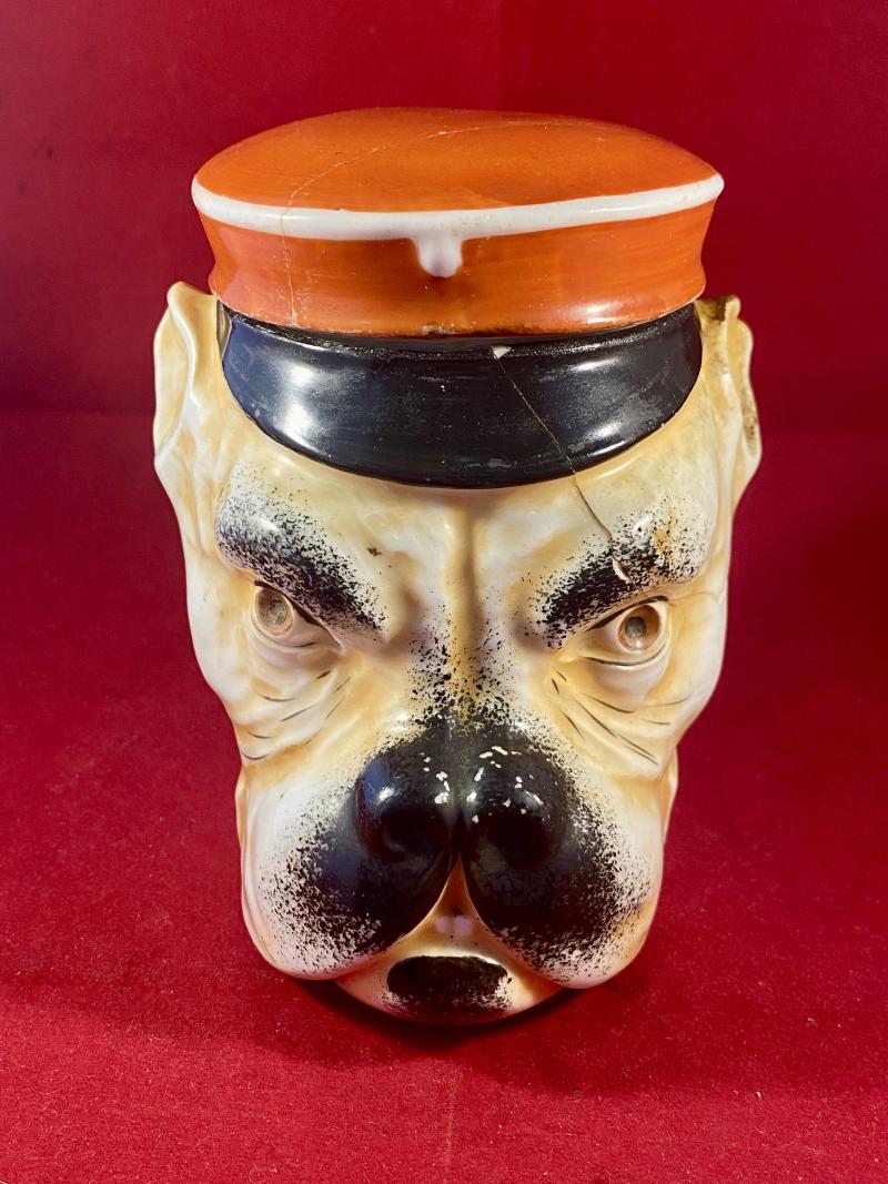 Rare Antique Majolica Humidor Tobacco Jar with Repairs - Depicting the Head of a Bulldog with an Imperial German Peak Visor Cap Lid