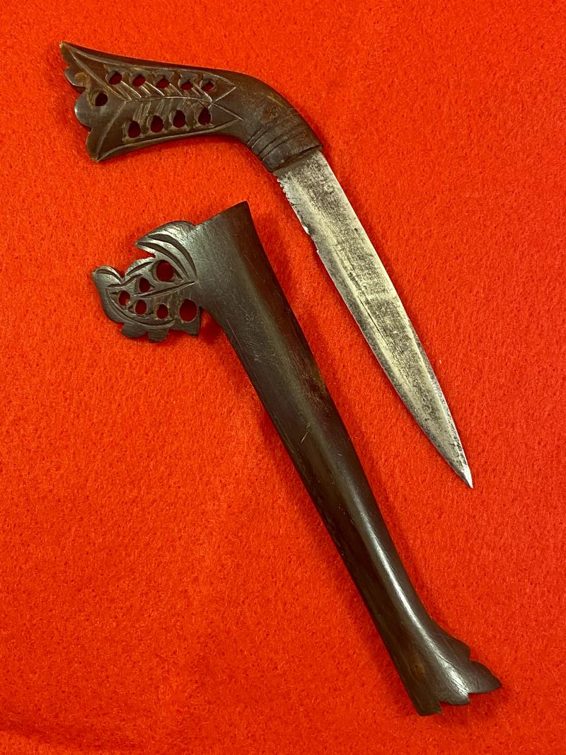 Antique Rencong Dagger from Sumatra Indonesia with 3.25” Blade and Carved Dark Horn Grip and Sheath