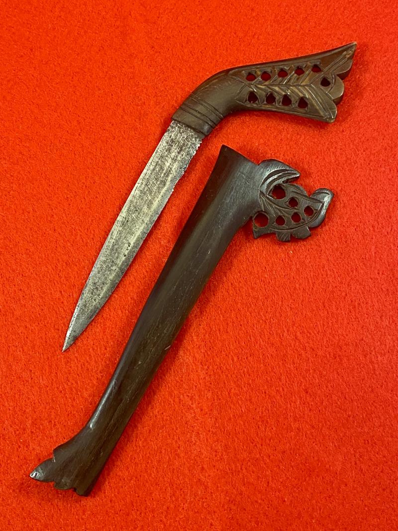 Antique Rencong Dagger from Sumatra Indonesia with 3.25” Blade and Carved Dark Horn Grip and Sheath