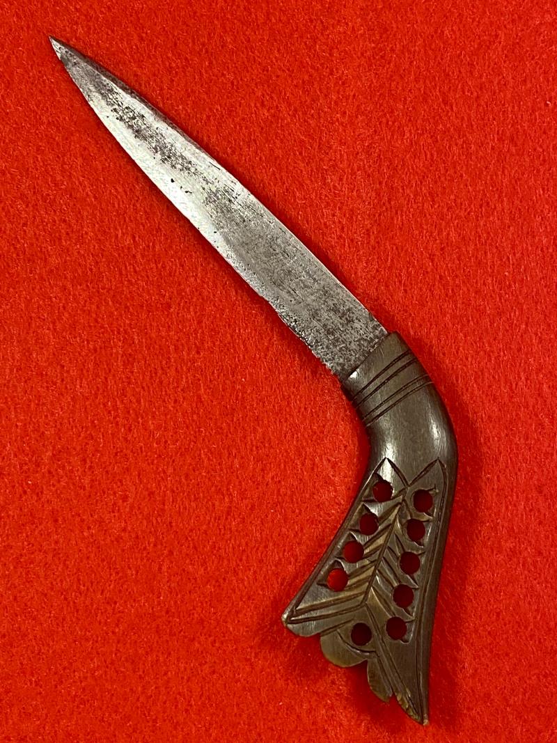 Antique Rencong Dagger from Sumatra Indonesia with 3.25” Blade and Carved Dark Horn Grip and Sheath