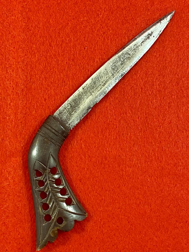 Antique Rencong Dagger from Sumatra Indonesia with 3.25” Blade and Carved Dark Horn Grip and Sheath