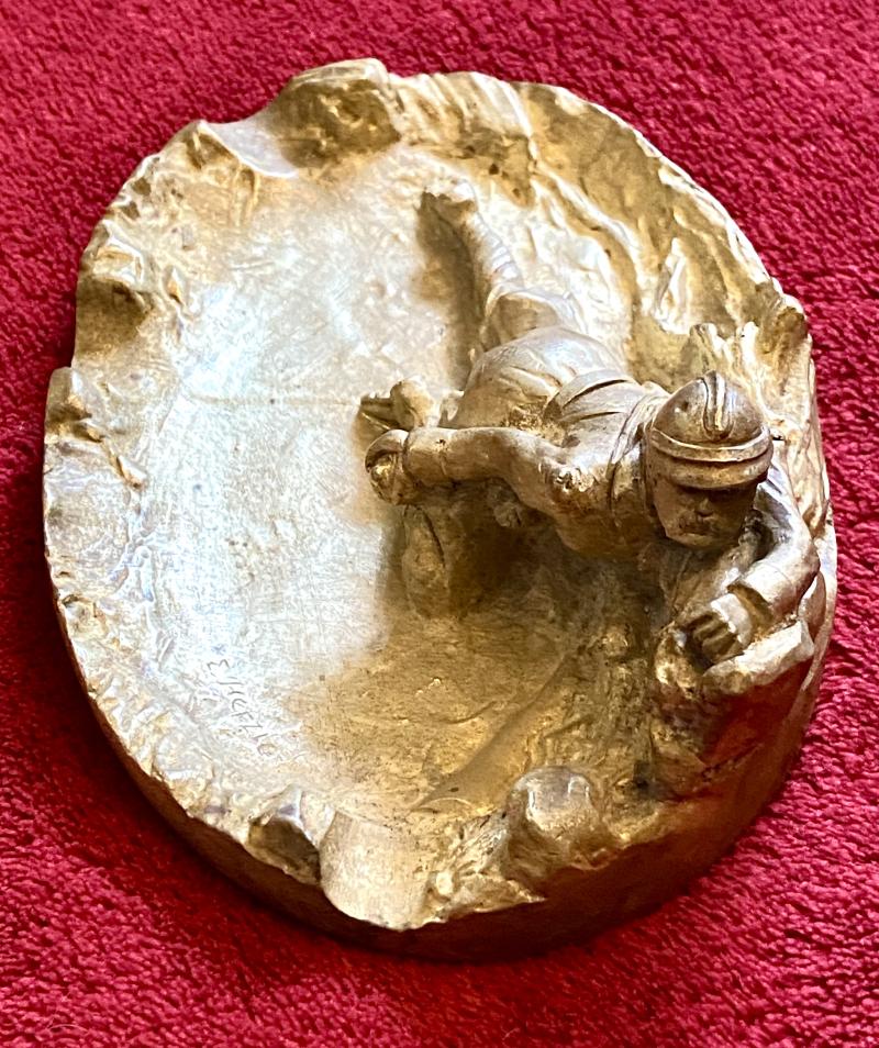 Antique Gilded Bronze Ashtray Depicting a Scene of a WW1 French Soldier marked E. Herzic