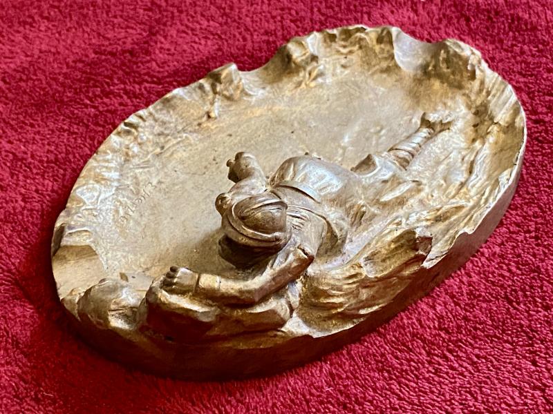 Antique Gilded Bronze Ashtray Depicting a Scene of a WW1 French Soldier marked E. Herzic