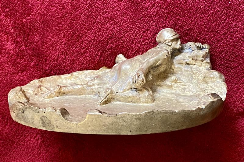 Antique Gilded Bronze Ashtray Depicting a Scene of a WW1 French Soldier marked E. Herzic