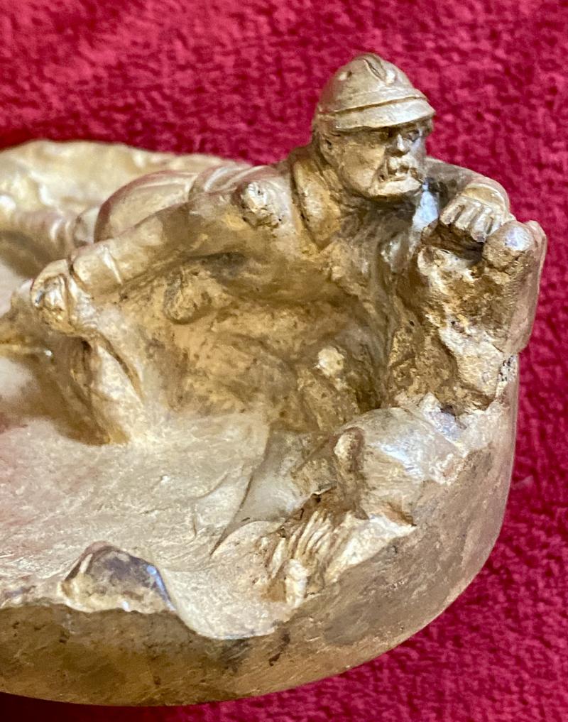 Antique Gilded Bronze Ashtray Depicting a Scene of a WW1 French Soldier marked E. Herzic
