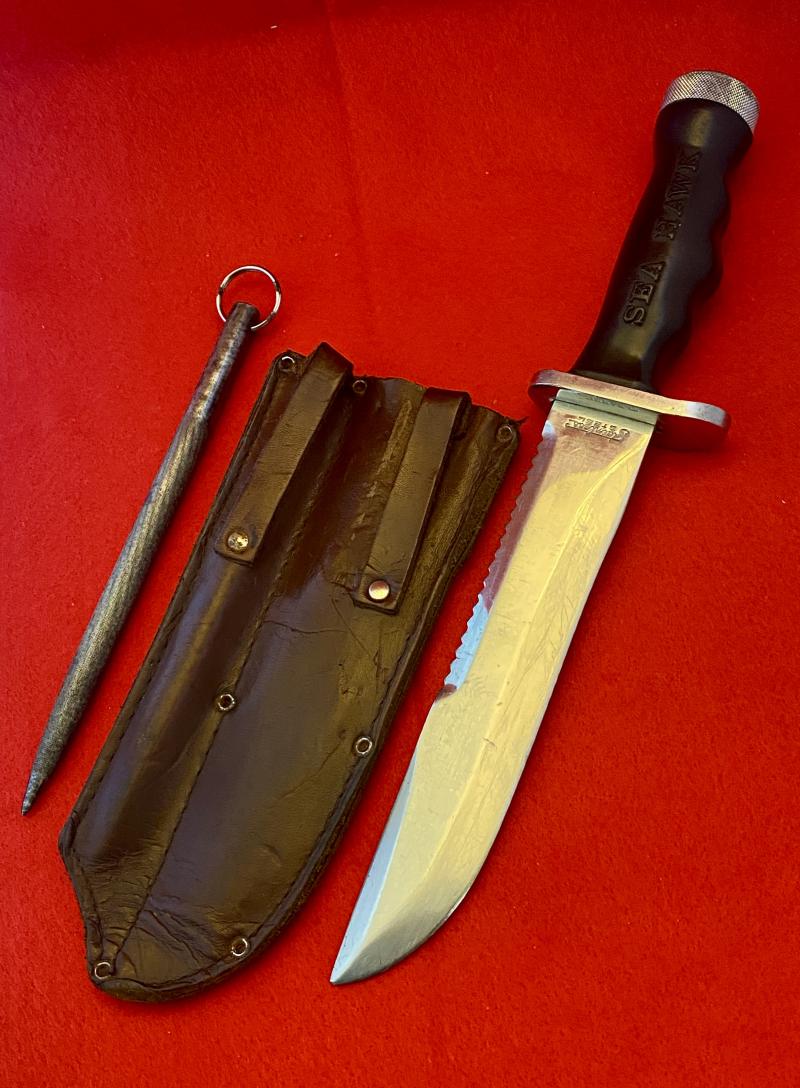 Unusual Combination of a U.S. Divers “Sea Hawk” Divers Knife and Sheffield Sharpening Rod in a Custom made Leather Sheath